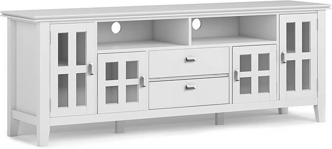 SIMPLIHOME Artisan SOLID WOOD 72 Inch Wide Contemporary TV Media Stand in White for TVs up to 80 Inches, For the Living Room and Entertainment Center