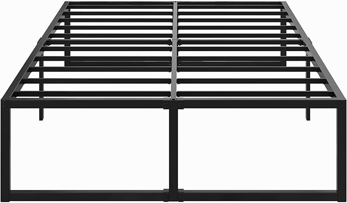 18 Inch Queen Bed Frame with Cover Skirt, Heavy Duty Steel Slat Support Metal Platform Bed Frame Queen Size No Box Spring Needed, Easy Assembly, Black and Blue