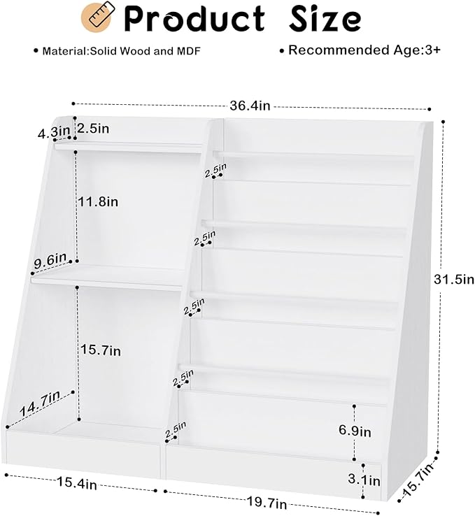 Lkeiyay Kids Bookshelf and Toy Storage,Nursery Bookshelf,Single-Sided Book Display with Storage,White