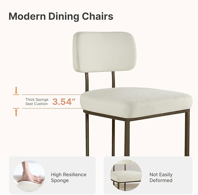 Dining Chairs Set of 2, Upholstered Modern Kitchen Chairs with Ergonomic Backrest, Fabric Cushion Seat & Metal Legs for Living Room, Restaurant, and Café, Ivory