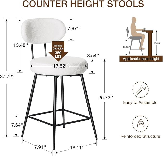 HOMMPA Counter Height Swivel Bar Stools Set of 4 Boucle Barstools 26'' Upholstered Modern Counter Barstools with Back Metal Legs Bar Stools Chairs for Kitchen Counter Island White