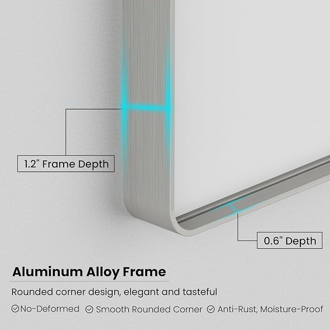 Brushed Nickel Bathroom Mirror 40x30 Inch, Brushed Silver Metal Frame Mirror Wall Mounted, Rounded Rectangle Bathroom Vanity Mirror, Tempered Glass, Anti-Rust, Horizontal/Vertical