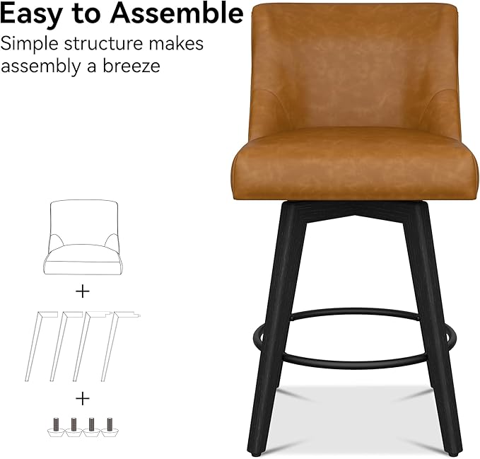 Counter Height Bar Stools Set of 6, Modern Swivel Barstools with Back and Wood Legs, Faux Leather Upholstered Bar Chairs, 26" H Kitchen Counter Stools, Kitchen Island Home Bar, Whisky Brown