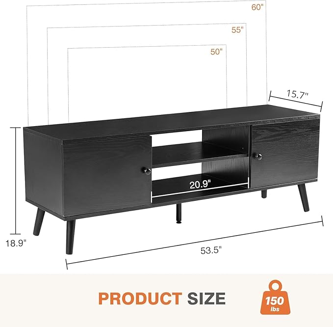 Sweetcrispy TV Stand for 55 60 inch TV, Modern Mid Century Entertainment Center with Storage, Media Console Table 2 Cabinet, Soft Hinge, Handle Door, Wooden Living Room, Office Furniture, Pure Black