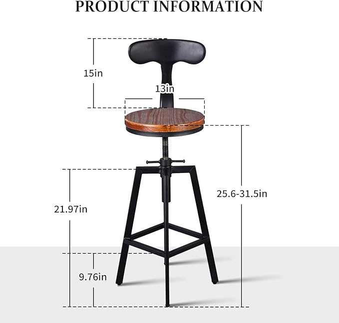 Set of 2 Industrial Bar Stools with Backrest Swivel Wooden Seat Height Adjustable 25-32inchKitchen Island Stool Breakfast Dining Chair
