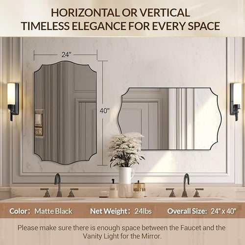 24x40 Black Mirror, Asymmetrical Vanity Mirror, Irregular Wall Mirror for Bathroom, Modern Mirror Wall Mounted Metal Framed for Bathroom, Bedroom, Living Room, Mantel