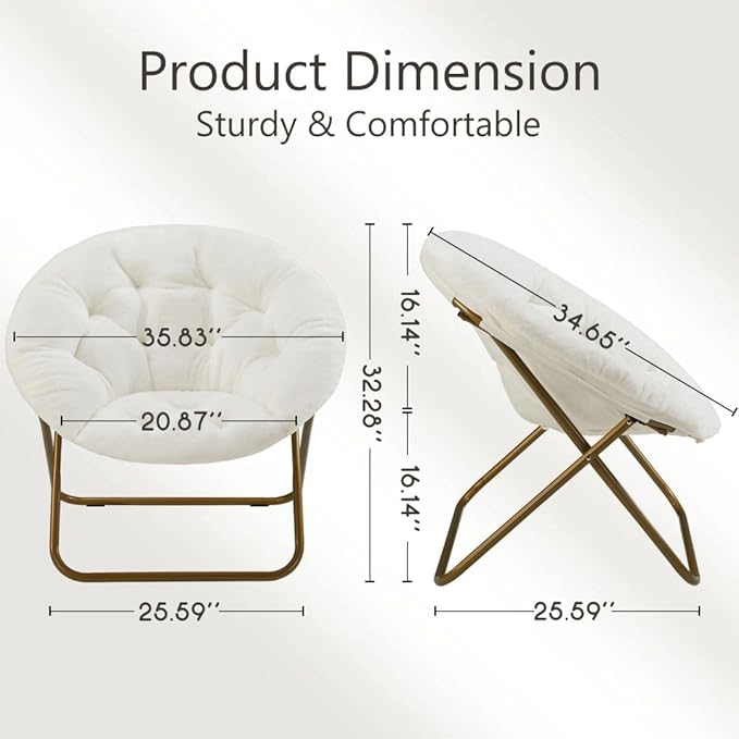 Comfortable Cozy Faux Fur Disc Chair Foldable Feature for Bedroom, Living Room and Dorm, Adult-Sized Relaxation, White