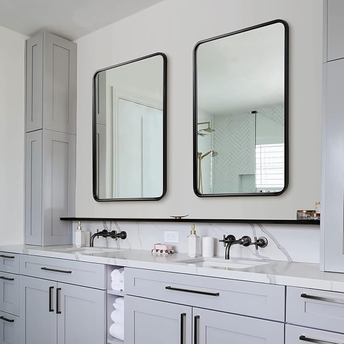 ANDY STAR 24x32 INCH Black Bathroom Mirror, Black Bathroom Vanity Mirrors for Wall, Rounded Rectangle Mirror for Bathroom, Tube Metal Frame, 1’’ Deep Wall Mounted Vertical/Horizontal