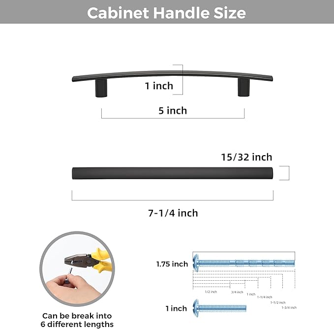 15 Pack Cabinet Handles 5" Hole Center - Curved Cabinet Pulls Black Drawer Pulls for Kitchen Cupboard Solid Hardware for Dresser Drawer Arch Hardware