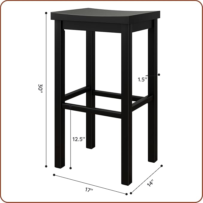 Grain & Grove Smith Collection Solid Wood Bar Stool, 30 inch Saddle-Seat Bar Chair, Backless, Heavy-Duty Construction, Footrest Support, Ideal for Kitchen Islands, Home Bars, and Counters, Black
