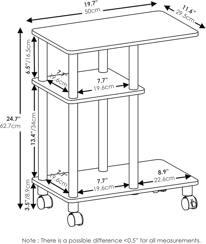 Furinno Turn-N-Tube U-Shaped Side Table with Casters, White Oak/Stainless Steel