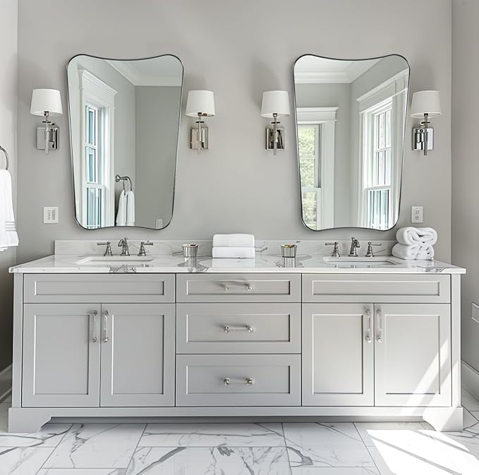 ANDY STAR Brushed Nickel Mirror, 24x36 Inch Scalloped Mirror, Unique Bathroom Mirror with Rust-Proof Stainless Steel Metal Frame, Ideal for Entryway, Powder Room