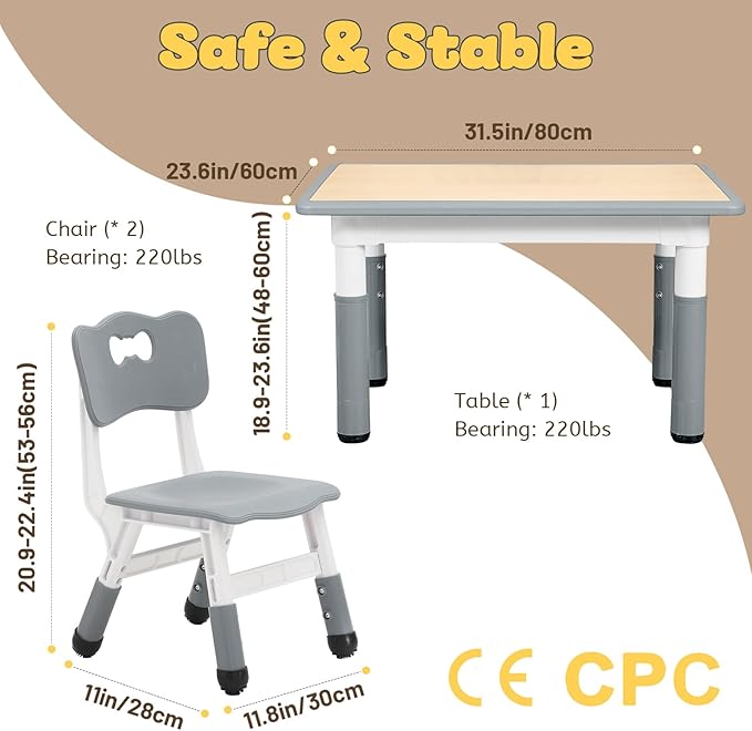 FUNLIO Kids Table and 2 Chairs Set for Ages 3-8, Height Adjustable Toddler Table and Chair Set, Easy to Wipe Arts & Crafts Table, for Classrooms/Daycares/Homes, CPC & CE Approved (3pcs Set) - Gray