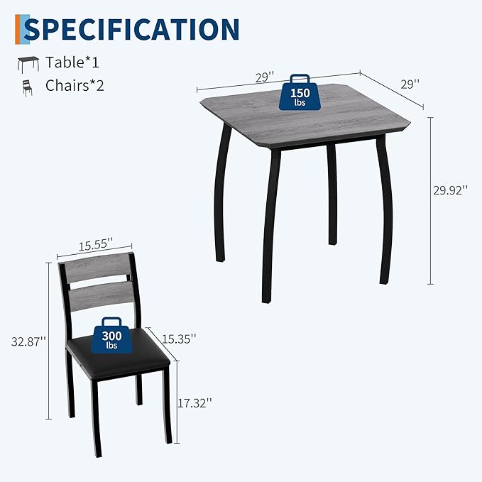 Small Dining Table Set for 2,3-Piece Kitchen Table Set with Thick Wood Grain Tabletop & 2 Upholstered Chairs & Metal Frame, Compact Table Set for Small Spaces, Kitchens & Dining Rooms (Grey)