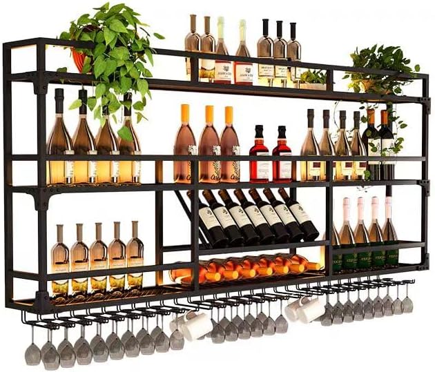 Metal Wall-Mounted Wine Rack with LED Light - 3 Tier Wine Storage Display Rack with Glass Holder - Space-Saving Bottle Display Shelf for Home Bars, Dining Rooms(Black, 39in/100cm)