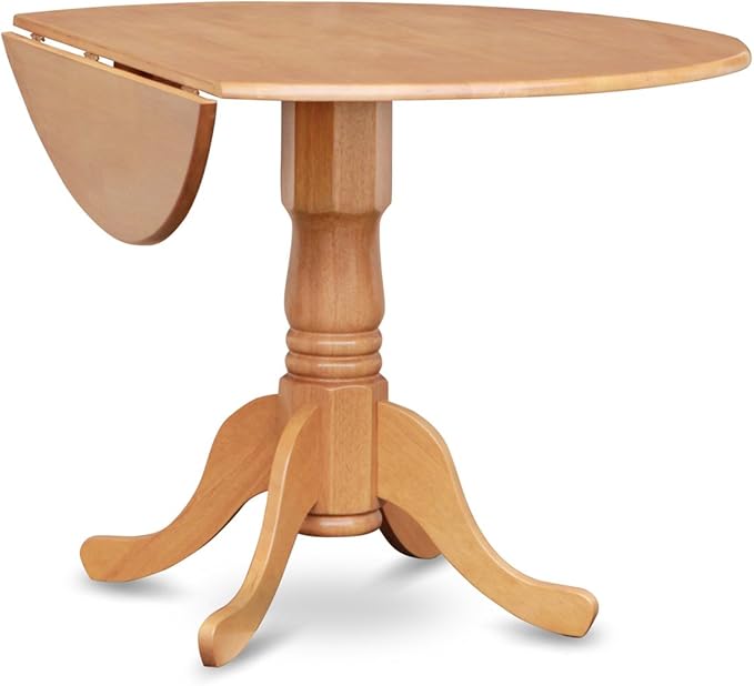 East West Furniture DLAB3-OAK-55 3 Piece Kitchen Table Set Contains a Round Dining Table with Dropleaf and 2 Oasis Blue Faux Leather Upholstered Chairs, 42x42 Inch, Oak