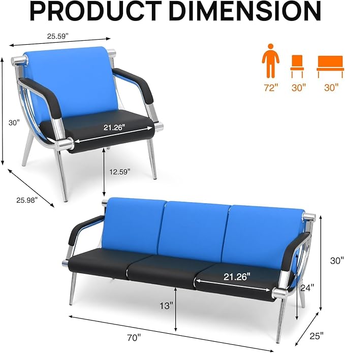 wonline 4 Seat Waiting Room Chair with Armrest PU Leather Office Furniture, Office Guest Seating Lobby Conference Reception Chairs for Airport Clinic Hospital Bank Salon Barber(Blue&Black)