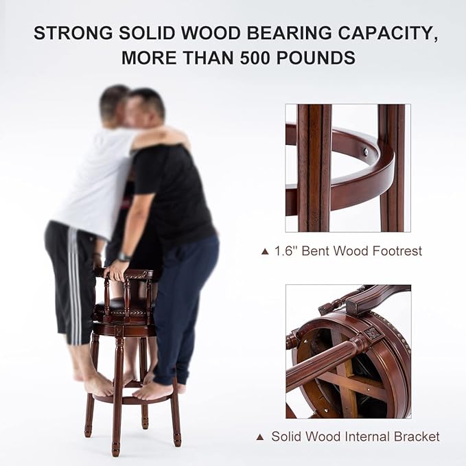 Cow top Leather Wooden Bar Stools, 360 Degree Swivel Bar Height Chair with Backs for Home Kitchen Counter, Morden Chair Barstools (Dark Blue 2pcs, Counter Height-Seat Height 26”)