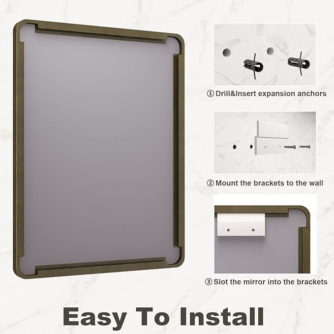 48x32 Bronze Framed Bathroom Mirror, Brushed Bronze Metal Vanity Mirror, Bronze Rectangle Mirror for Wall, Rounded Corner, Tempered Glass, Anti-Rust, Shatterproof (Horizontal/Vertical)