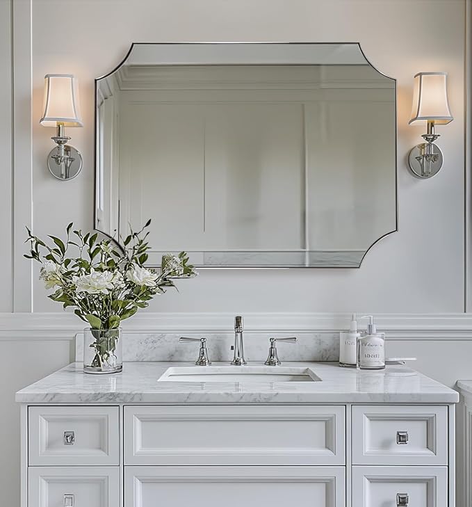 ANDY STAR Brushed Nickel Mirror 30x40 Inch, Scalloped Bathroom Mirror, Silver Bathroom Mirror in Anti-Rust Stainless Steel Metal Thin Frame Deep 1’’, Large Wall-Mounted Mirror (Horizontal/Vertical)