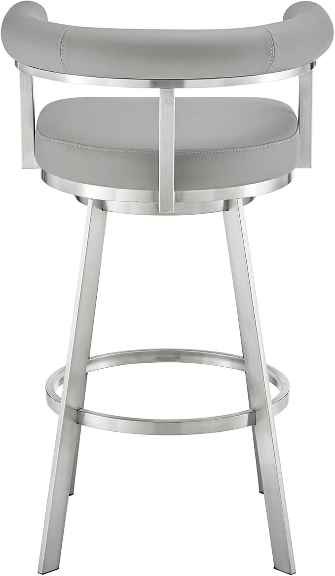 Armen Living Magnolia Swivel Bar Stool in Brushed Stainless Steel with Light Grey Faux Leather
