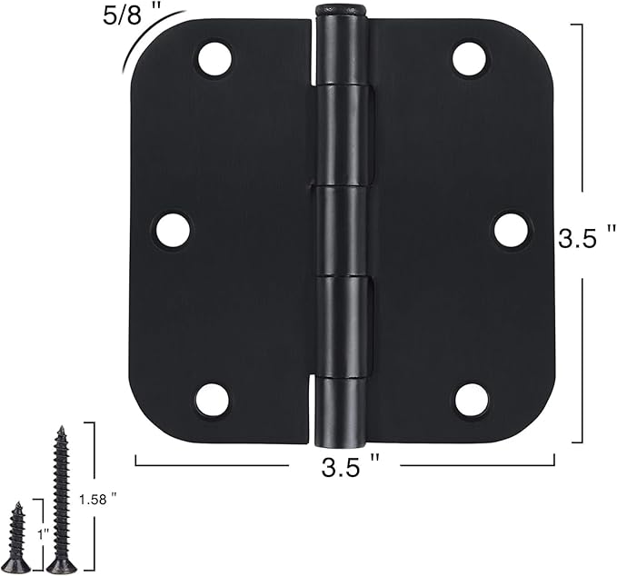 48 Pack Rounded Matte Black Door Hinges 3.5 Inch 5/8" Radius for Interior 3 1/2" Flat Iron Bifold Residential Standard Bedroom Indoor for Doors 3 ½"Hardware House Home Decor Essentials Accessories