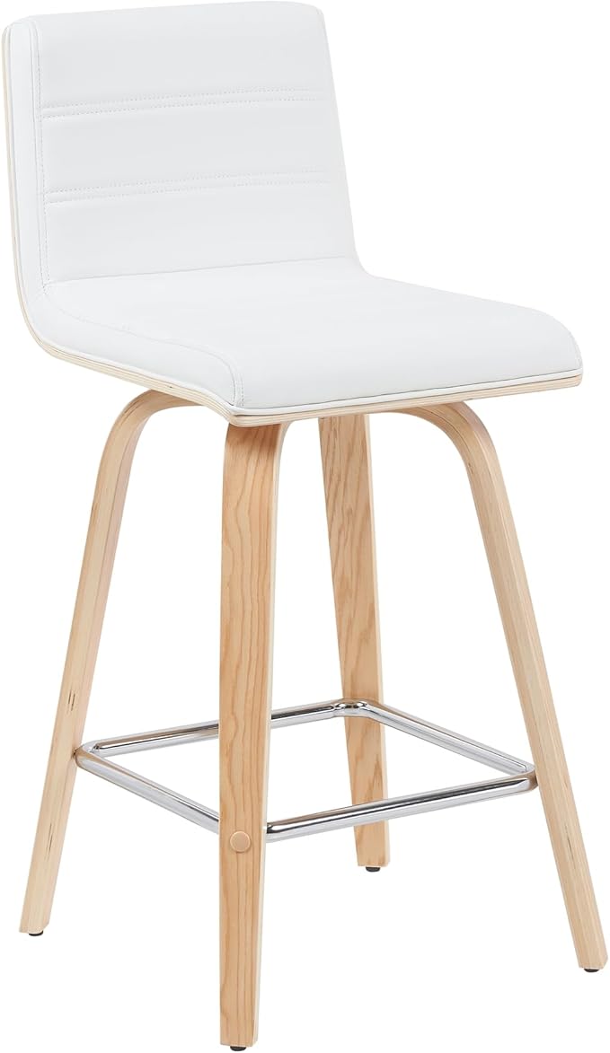 Armen Living Vienna Modern Swivel 26" Counter Height Barstool with White Faux Leather and Patterned Oak Wood Finish
