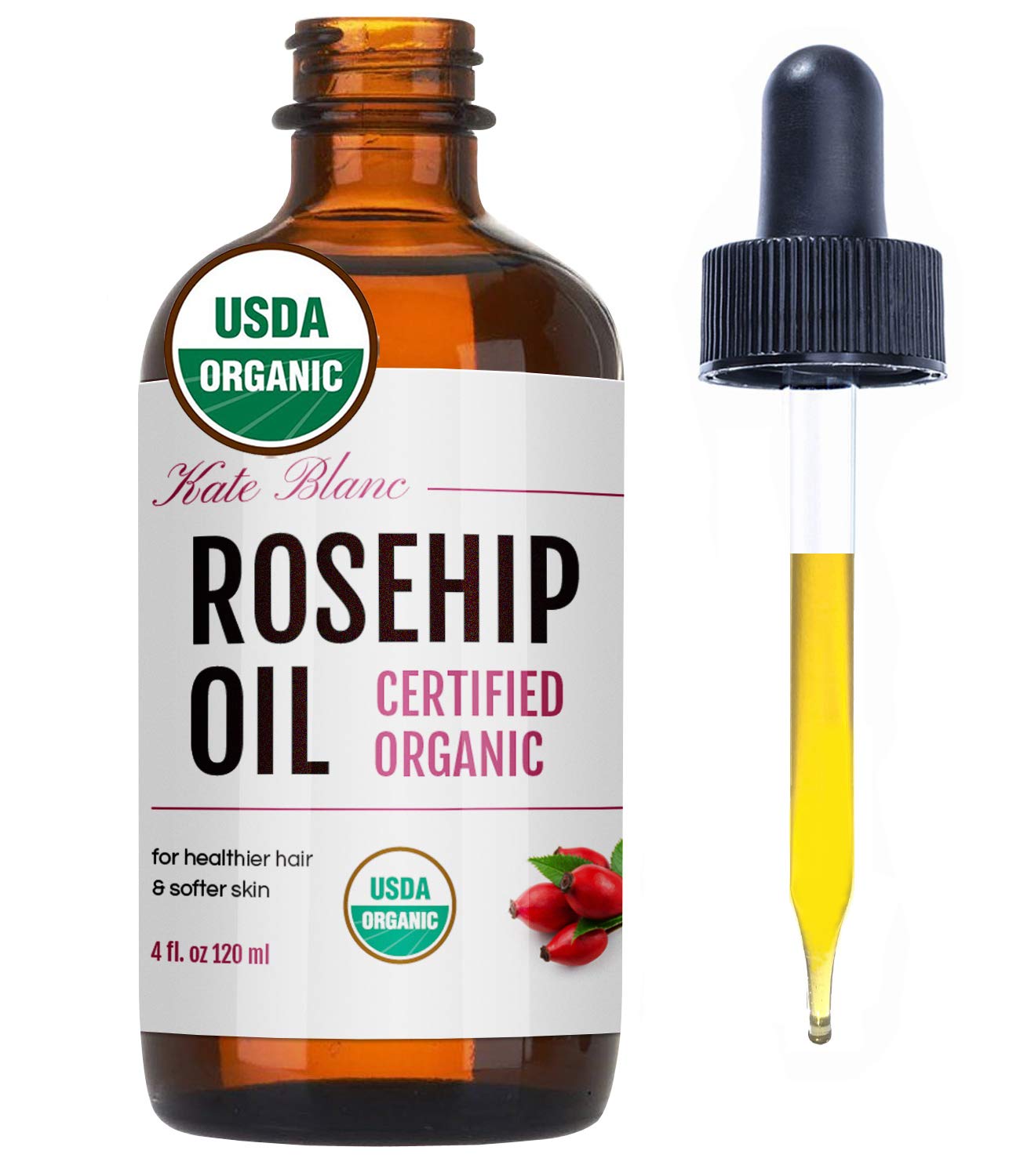 Kate Blanc Cosmetics Rosehip Oil for Face & Skin (4oz, Organic, Pure, Cold Pressed) Rosehip Seed Face Oil for Facial & Gua Sha Massage