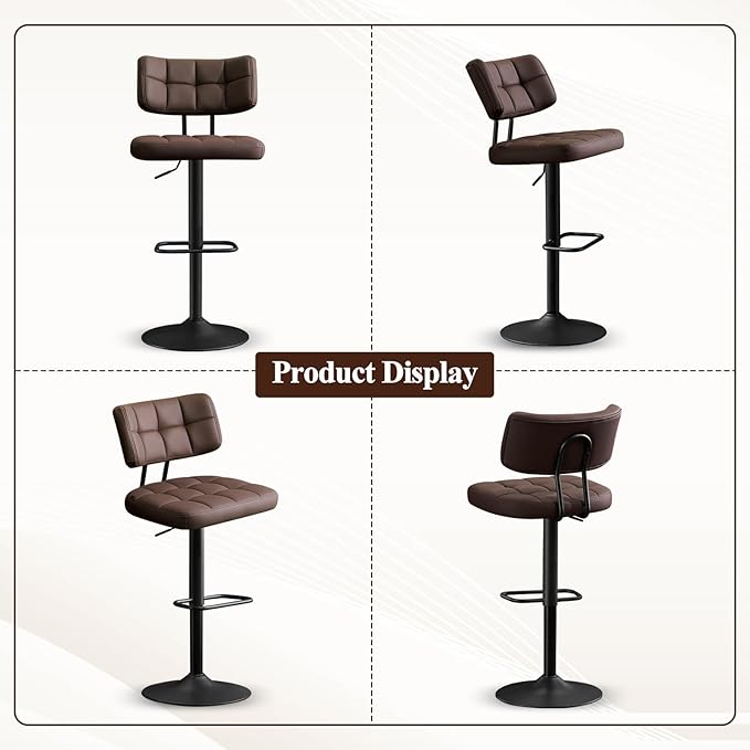 Furniliving Upholstered Bar Stools Set of 4, Faux Leather Swivel Bar Stools with Back, Adjustable Counter Height Barstools for Kitchen Island, Dining Space, Brown