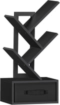 Small Book Shelf with Drawer,4 Tier Black Tree Bookshelf,Wooden Desktop Bookcase,Modern Desk Display Storage Bookshelves,Floor Standing Organizer Bookcases for Living Room,Bedroom,Office