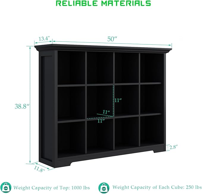 Cube Storage Bookcase with Base - Wooden 3 Tiers Floor Standing Open Shelf Cabinet for Home and Office, 12-Cube Lattice Bookshelf, Black