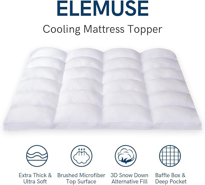 ELEMUSE Cal King Mattress Topper for Back Pain, Extra Thick Mattress Pad Cover, Plush Soft Pillowtop with Elastic Deep Pocket, Overfilled Down Alternative Filling