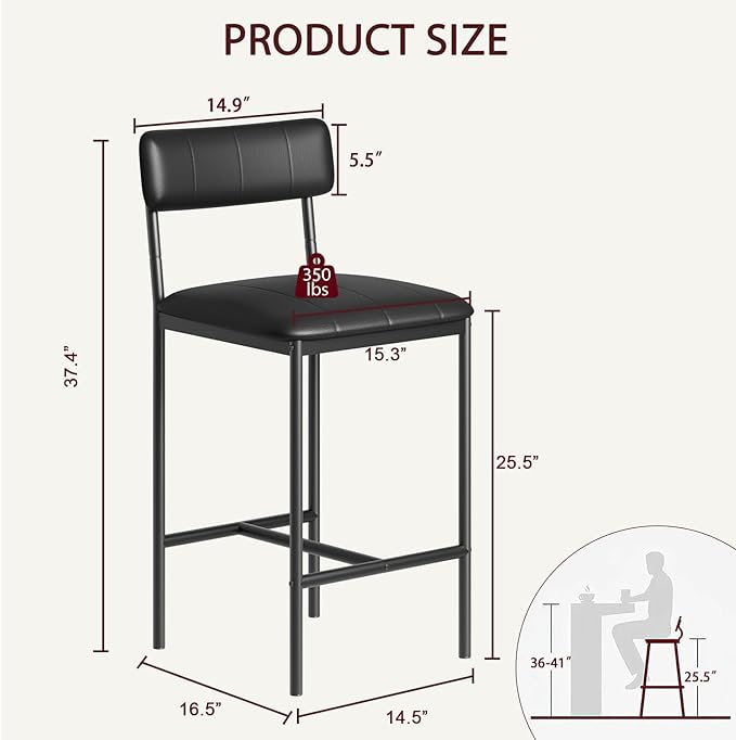 GarveeHome Bar Stools Set of 2, Upholstered Counter Height Bar Stools with Backrest and Footrest, Kitchen Barstools for Island, Counter Bar, Easy Assembly, Black