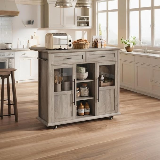 Mobile Modern Storage Island,Rolling Kitchen Island with Drop Leaf - Door Cabinet, Drawer, Bar Cart with Cabinet, Portable Cart Island Table for Kitchen,Grey