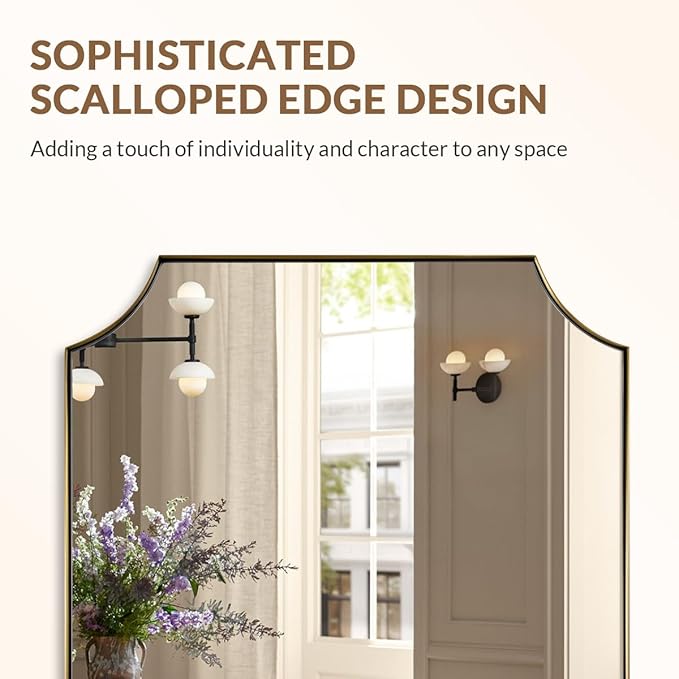ANDY STAR 30x48 Inch Brushed Gold Mirror, Unique Rectangle Mirror for Bathroom, Large Scalloped Bathroom Mirror with Rust-Proof Stainless Steel 1" Frame, Hangs Vertically or Horizontally