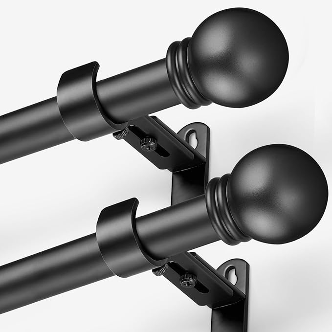 Curtain Rods for Windows 16 to 120 Inches, Curtain Rod Max Adjustable Length of 132 IN, 1" Diameter Drapery Rods Round Finials, Black, Pack of 2