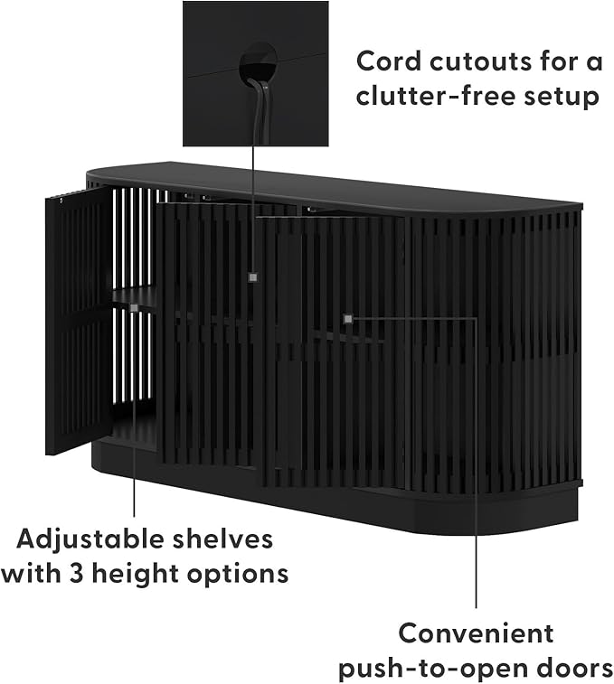 Plank+Beam Contour Wood TV Stand, Three Door Solid Wood Entertainment Console with Storage, 59" L x 16" W x 30" H, Black