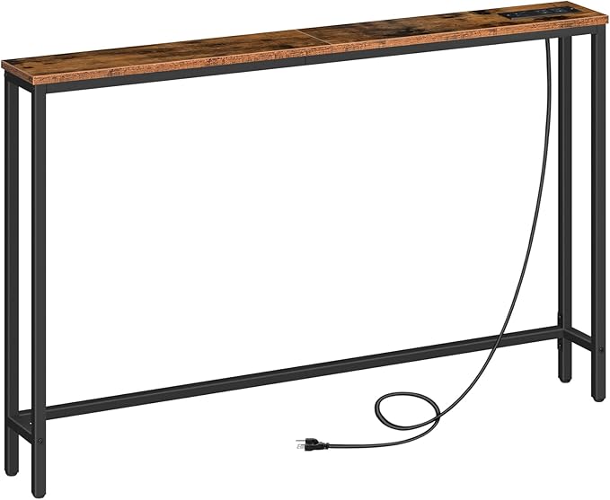 HOOBRO 47.2" Narrow Console Table with Power Outlets, 5.9" Behind Couch Table with Charging Station, Long Sofa Table, Skinny Entryway Table for Living Room, Hallway, Foyer, Rustic Brown BF15XG01G1