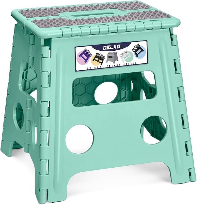 Delxo Folding Step Stool 13 Inch Non-Slip Foldable Stools Up to 300 LBS Kitchen Collapsible Fold Up Stepping Stool with Dotted 1 Pack Green