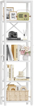 Furologee White Bookshelf 6 Tier Tall Narrow Bookcase, Modern Display Standing Shelf Unit, Metal and Wooden Storage Corner Shelves Organizer for Bedroom, Living Room, Office, Bathroom