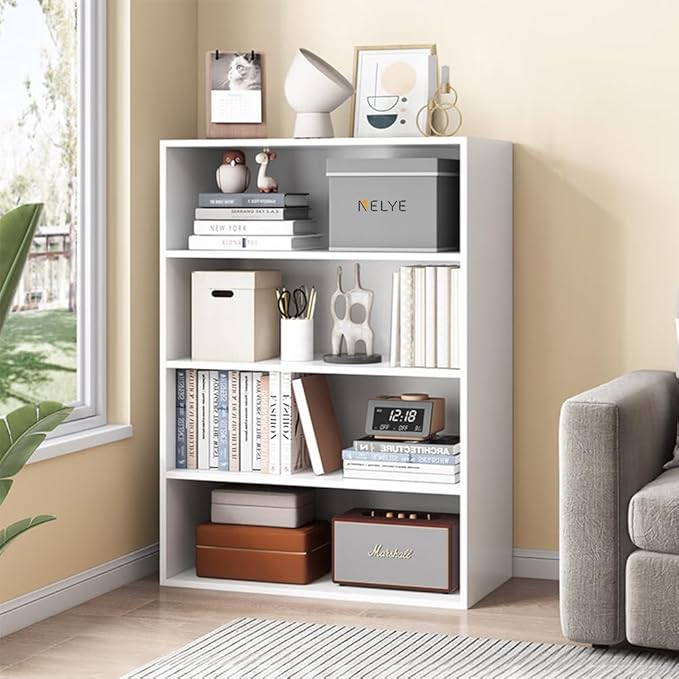 Basic Open Shelf Bookcase - 4-Tier Wooden Cube Storage Shelves Split Bookshelf, White