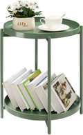 TeoKJ 2 Tier Green Side Table, Folding Round Metal End Table Small Nightstand with Two Removable Tray for Bedroom Living Room Bedside Small Spaces Dark Green