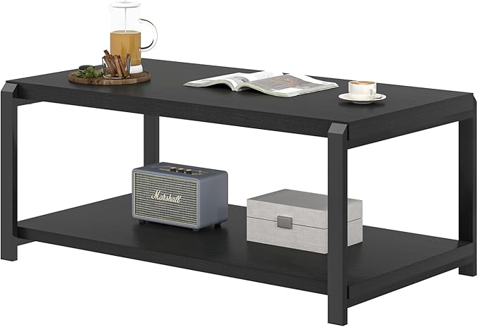 EXCEFUR Black Coffee Table, Modern Rustic Wood Center Table for Living Room, Industrial Rectangle Cocktail Tea Table with Storage Shelf
