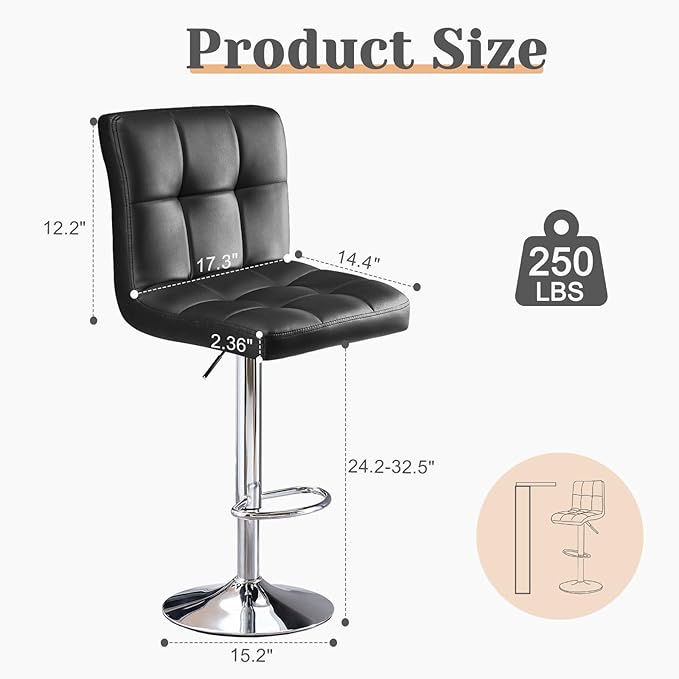 Sweetcrispy Bar Stools Set of 4, Armless PU Leather Adjustable Swivel Barstools, Hydraulic Kitchen Counter Height Thickened Seat Cushion Square Island Countertop Chairs with Back - Modern Black