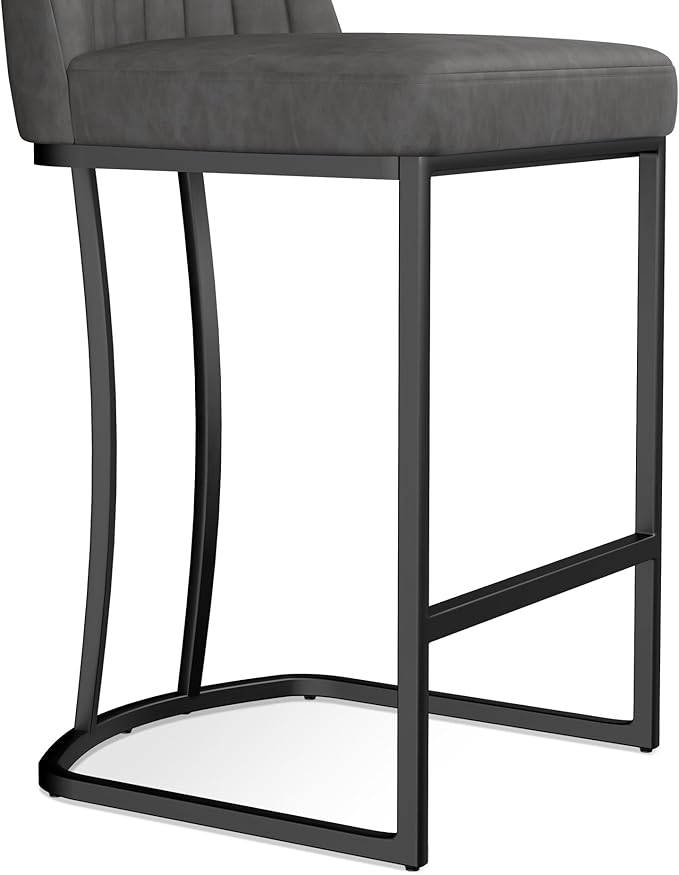 Bar Stools Set of 4, Faux Leather Counter Height Barstools, Upholstered Kitchen Counter Stools with Back and Stitching, 25.6" H Kitchen Island Stools Bar Chair, Metal Framed, Black Grey