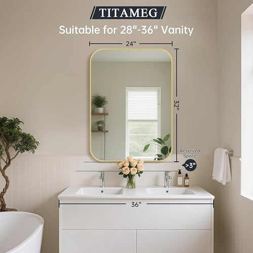 24x32 Inch Bathroom Mirror for Wall, Gold Framed Rectangle with Rounded Corner, Aluminum Alloy Brushed for Bedroom or Living Room, Vertical or Horizontal