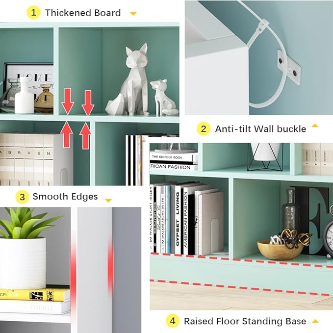 IOTXY Open Shelf Low Bookcase - Wooden 3-Tier Floor Standing Display Cabinet Organizer with Base, 5 Cubes Short Horizontal Bookshelf in Pear Yellow