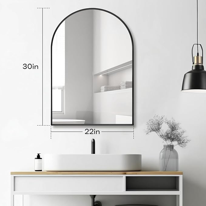 22" x 30" Black Arched Mirror, Arch Wall Mirror, Metal Frame Black Bathroom Mirror, Arched Top Bathroom Vanity Mirror for Living Room, Bedroom, Entryway, Tempered Glass, Shatter Proof
