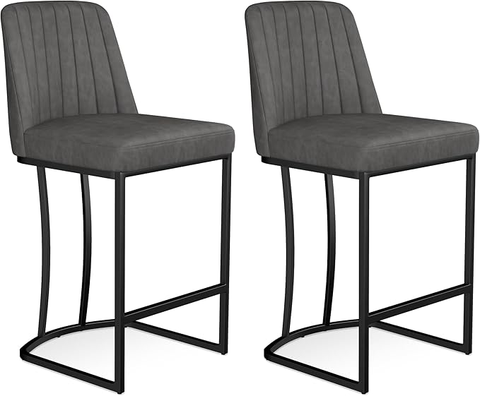 Bar Stools Set of 2, Faux Leather Counter Height Barstools, Upholstered Kitchen Counter Stools with Back and Stitching, 25.6" H Kitchen Island Stools Bar Chair, Metal Framed, Black Grey