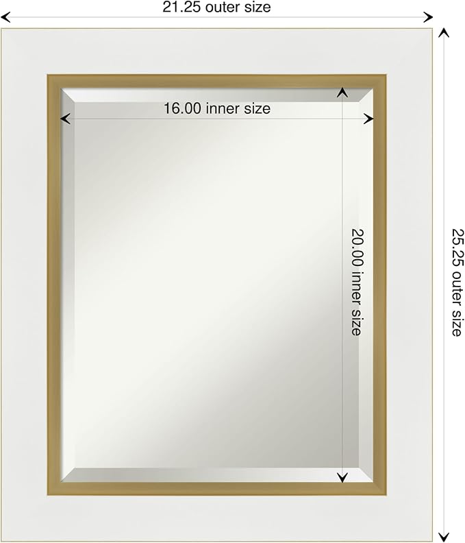 Amanti Art White Bathroom Mirror for Over Sink, 25x21 Eva White Gold Rectangle Vanity Mirror, Small Modern Contemporary Frame, Hangs Horizonally and Vertically, Bathroom Wall Decor, Beveled Edge